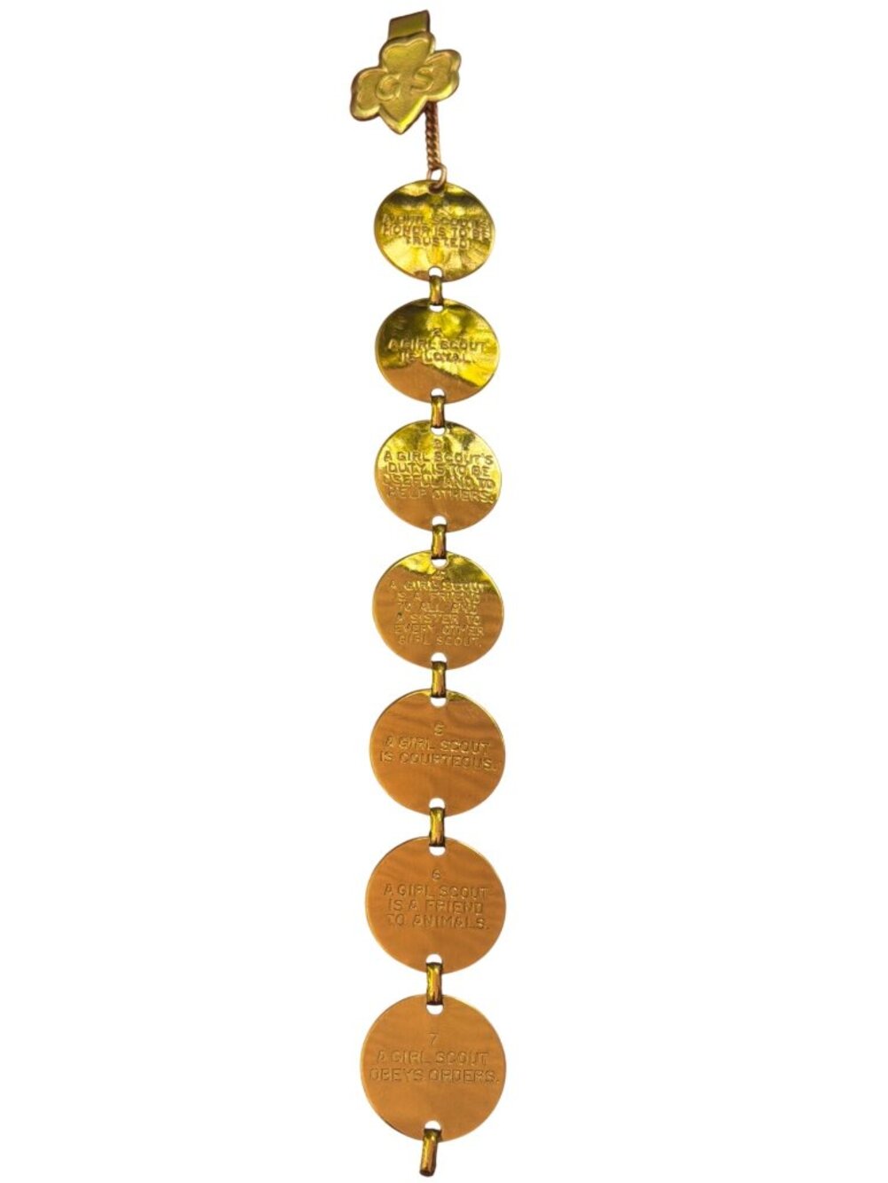 Vintage 50s Girl Scouts Laws Pledges Bookmark Coins Bronze 7 Discs Clip On 8"